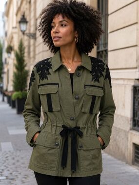 Wendy Williams Collection Olive Utility Jacket with Black Lace Detail | Size Sma